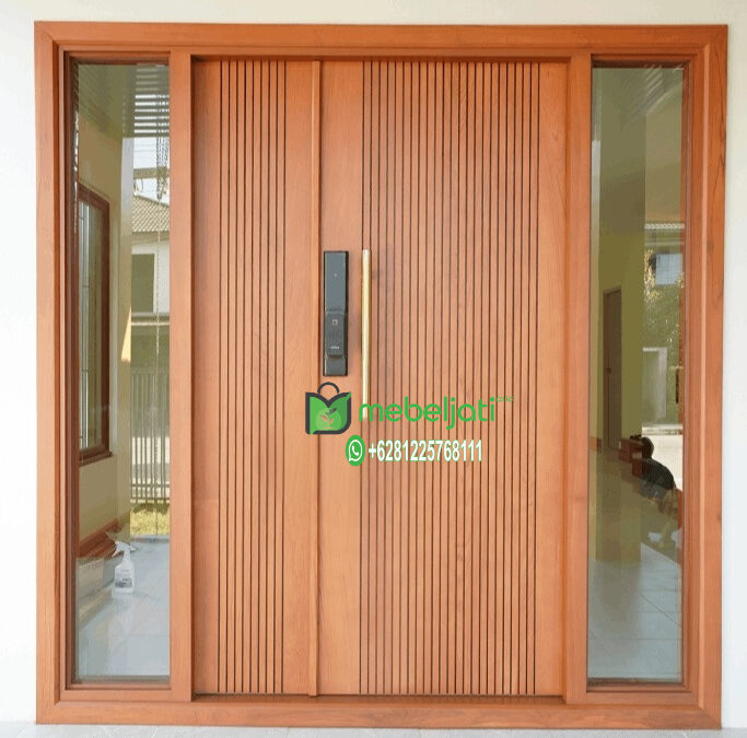 Pintu Kayu Jati Minimalis Daun Ganda Besar Kecil 2 Jendela PJ-198
