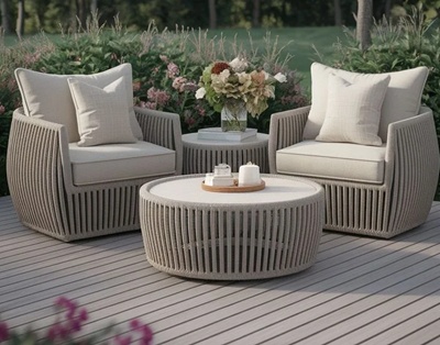 Set Kursi Teras Outdoor Modern Rotan/Tali Sintetis Melingkar dengan Meja Kopi Minimalis